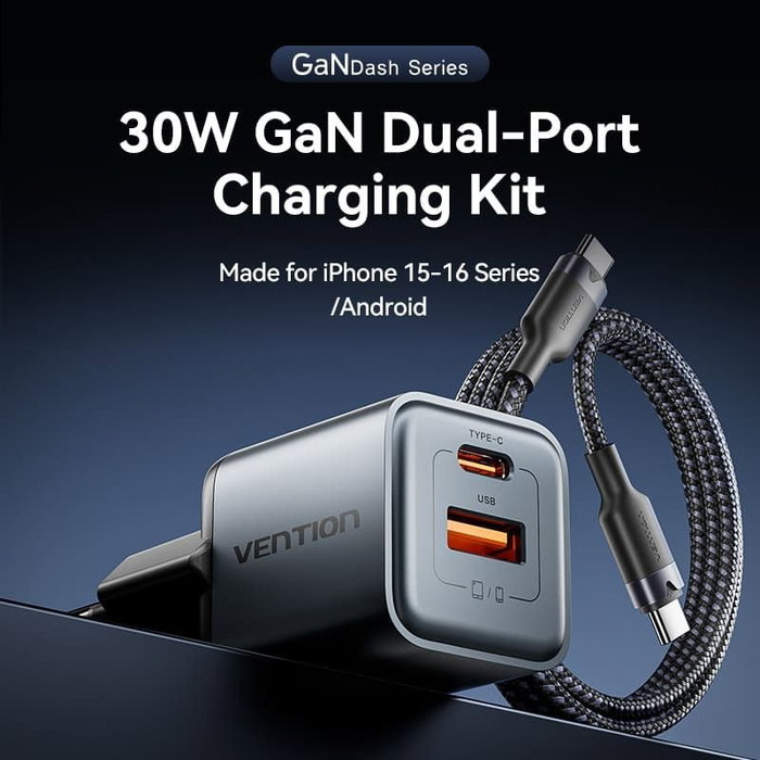 Vention Cargador de Pared GaN 30 W con Cable USB-C de 1 m, USB-C y USB-A, Gris